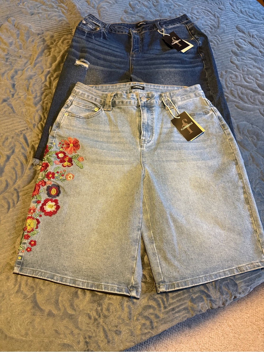 NWT - 2 pair Embroidered Denim Shorts & Fringe Denim Shorts by Flamingals L